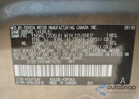 2009 Toyota Rav4 z USA, uszkodzony, nr VIN 2T3ZF33VX9W016293